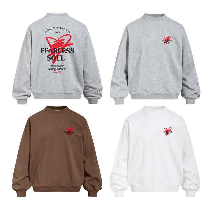 Four Fearless Soul crewneck sweatshirts in gray, brown, and white with front and back graphic views