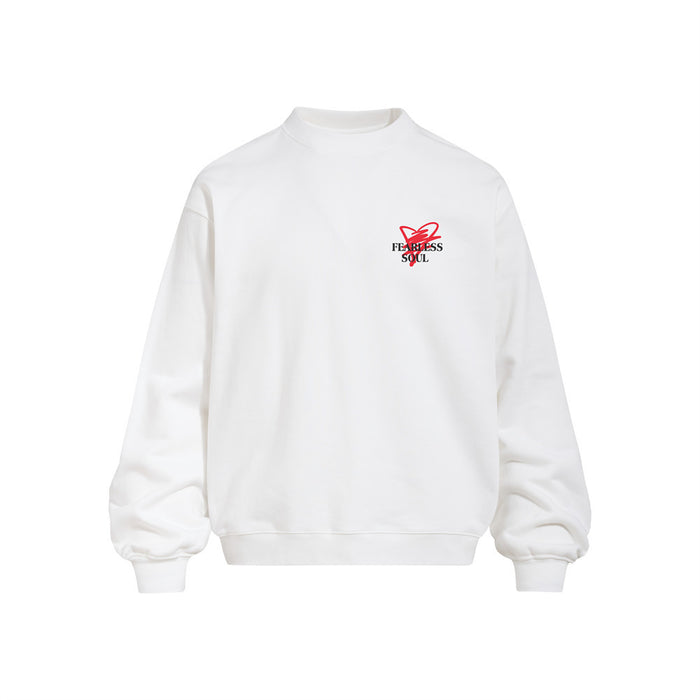 White oversized crewneck sweatshirt with small Fearless Soul logo on the chest
