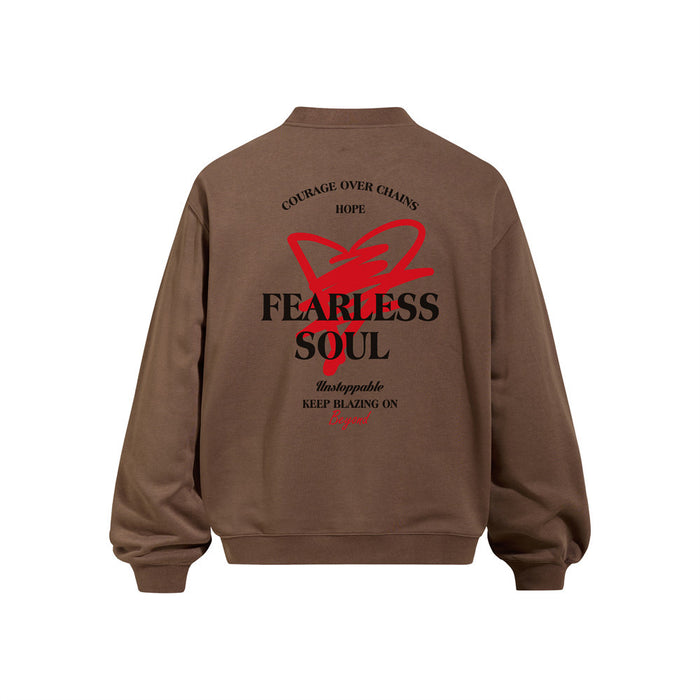 Brown crewneck sweatshirt back view with large Fearless Soul graphic print