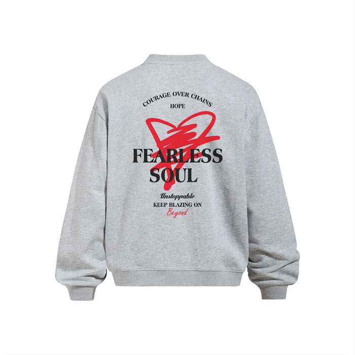 Light gray crewneck sweatshirt back view with large Fearless Soul graphic print