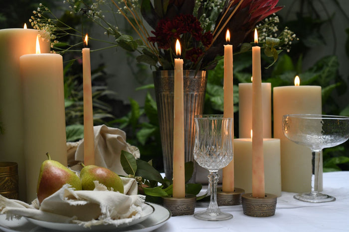 Foliage Repoussé Antique Brass Taper Candle Holders – Set of 2