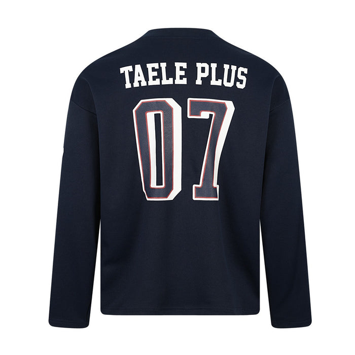Back of navy long-sleeve jersey tee with TAELE PLUS and 07 print