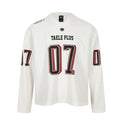 White long-sleeve football jersey tee with front 07 print and V-neck