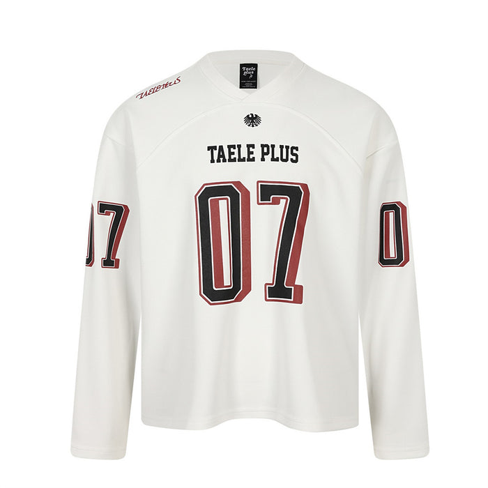 White long-sleeve football jersey tee with front 07 print and V-neck