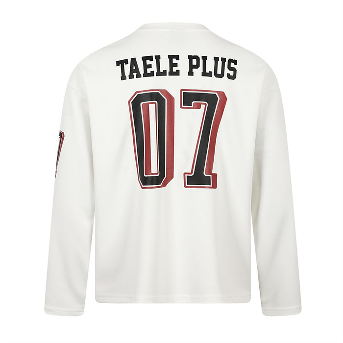 Back of white long-sleeve jersey tee with TAELE PLUS and 07 print