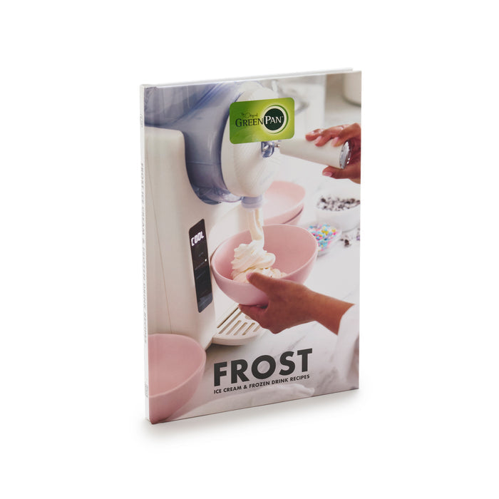 Soft ice cream being swirled into a pink bowl on the Frost Classic Ice Cream  Frozen Drink Recipe Book cover.
