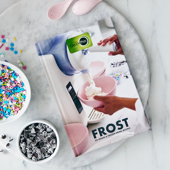 Frost Classic Ice Cream  Frozen Drink Recipe Book with photos of soft serve desserts topped with sprinkles in bowls.