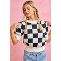 GAMEDAY THEME CHECKER PATTERNED PUFF SLEEVES KNIT TOP
