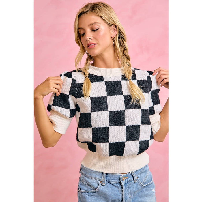 GAMEDAY THEME CHECKER PATTERNED PUFF SLEEVES KNIT TOP