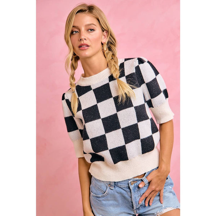 GAMEDAY THEME CHECKER PATTERNED PUFF SLEEVES KNIT TOP