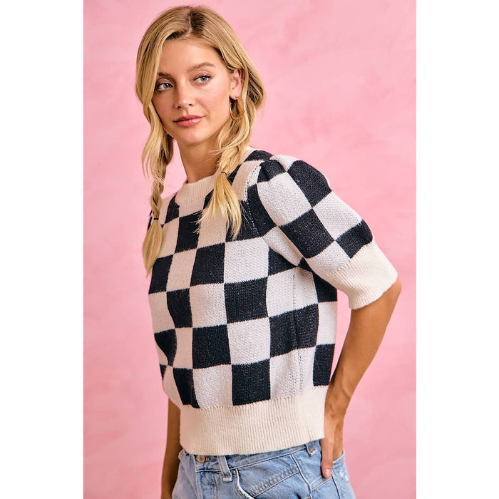 GAMEDAY THEME CHECKER PATTERNED PUFF SLEEVES KNIT TOP