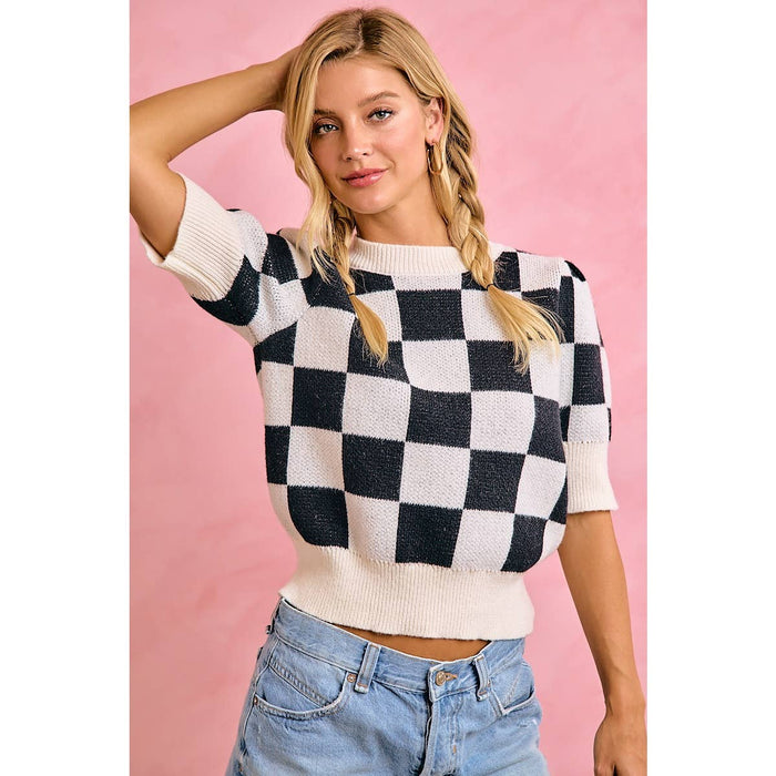 GAMEDAY THEME CHECKER PATTERNED PUFF SLEEVES KNIT TOP