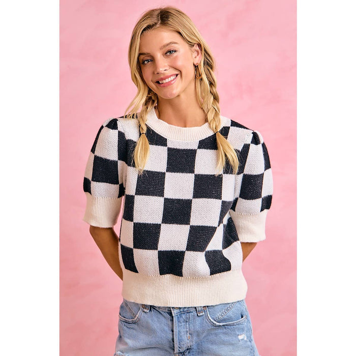 GAMEDAY THEME CHECKER PATTERNED PUFF SLEEVES KNIT TOP