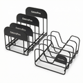 Set of two black metal organizers with divided slots for storing pots and lids.
