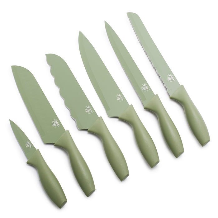 Six sage green knives of various sizes laid out on a white background.