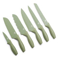 Six sage green knives of various sizes laid out on a white background.