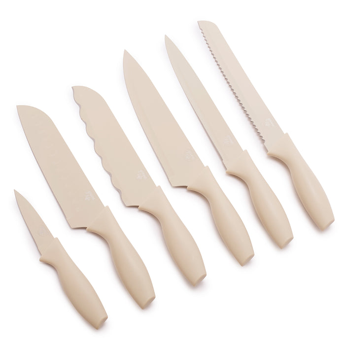 Six taupe-handled knives with different blades, arranged side by side on a white background.