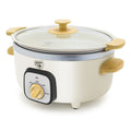 Cream slow cooker with wood-print handles and a glass lid on a white background