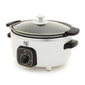 White slow cooker with black handles and control panel on a white background
