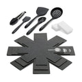 Accessory kit with black cooking utensils, white sponges, and gray pan protectors arranged on a white background.