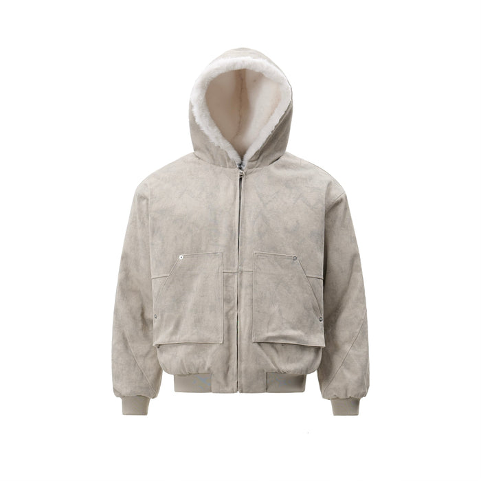 Front view of a grey washed cotton hooded bomber jacket with faux-shearling lining and oversized utility pockets