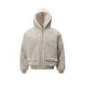 Front view of a grey washed cotton hooded bomber jacket with faux-shearling lining and oversized utility pockets