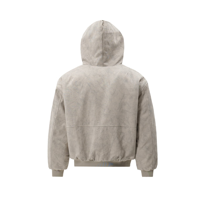 Back view of beige washed bomber jacket with hood and ribbed cuffs