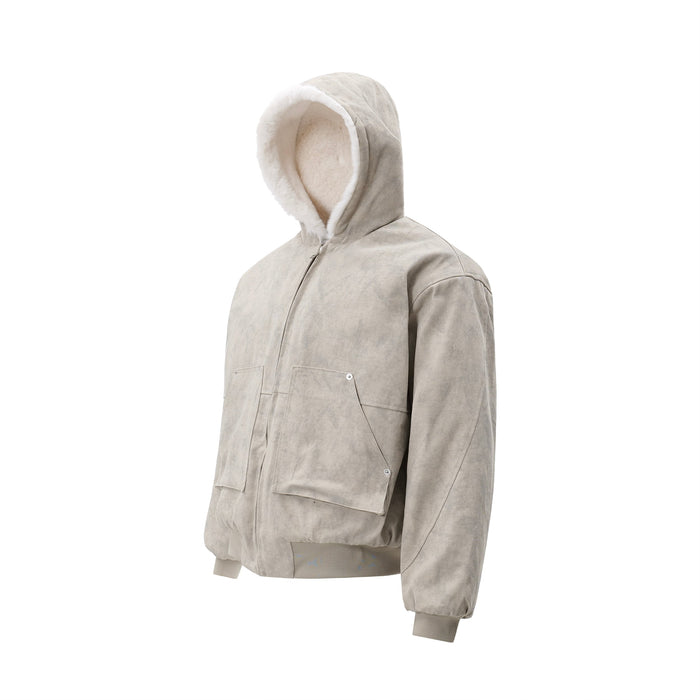 Front three-quarter view of beige hooded bomber jacket with faux-shearling lining