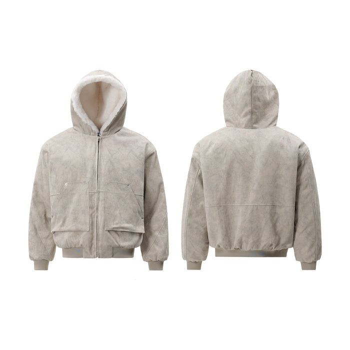 Front and back views of beige hooded bomber jacket with shearling lining