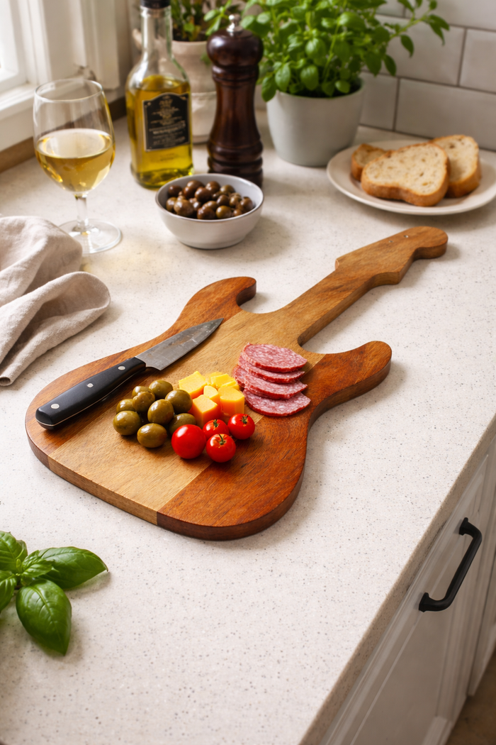 Guitar Shaped Wooden Serving & Cheese Board | Decorative Tabletop Platter