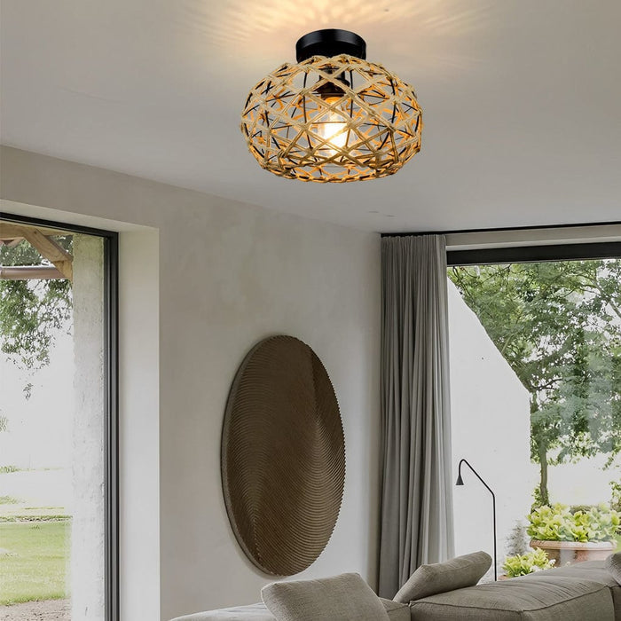 Hand-Woven Rope Cage Semi-Flush Mount Ceiling Light — Retro Rustic Beige Iron E26 E27 | NordaLight