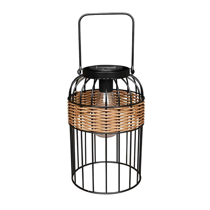 Handwoven Rattan Solar Outdoor Lantern Black Iron Portable Auto On Off IP55 Waterproof LED 6 Inch | NordaLight