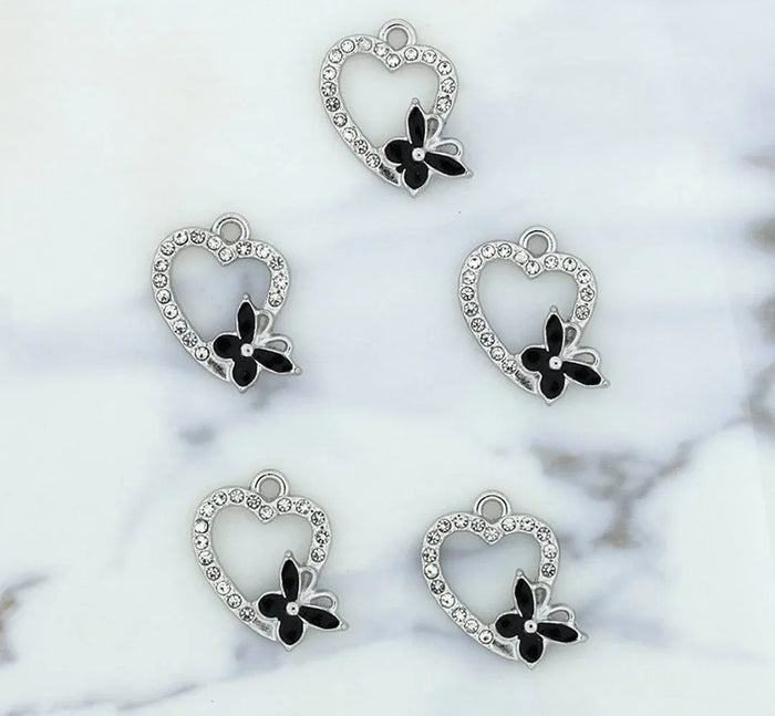 Heart With Butterfly Charm Bezels With Black Enamel