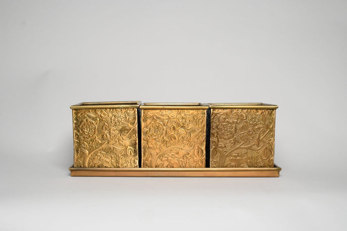 Herb & Bloom Handcrafted Brass Planters with Tray – Set of 3