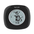 Back view of a black Taylor indoor thermometer with hygrometer showing SET and MEM buttons