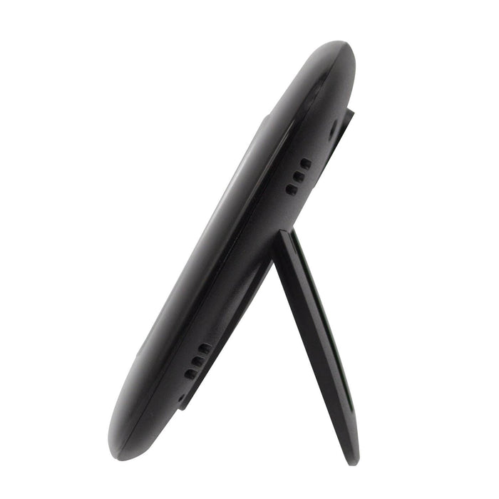 Side angled view of a black digital indoor thermometer with hygrometer and vent holes