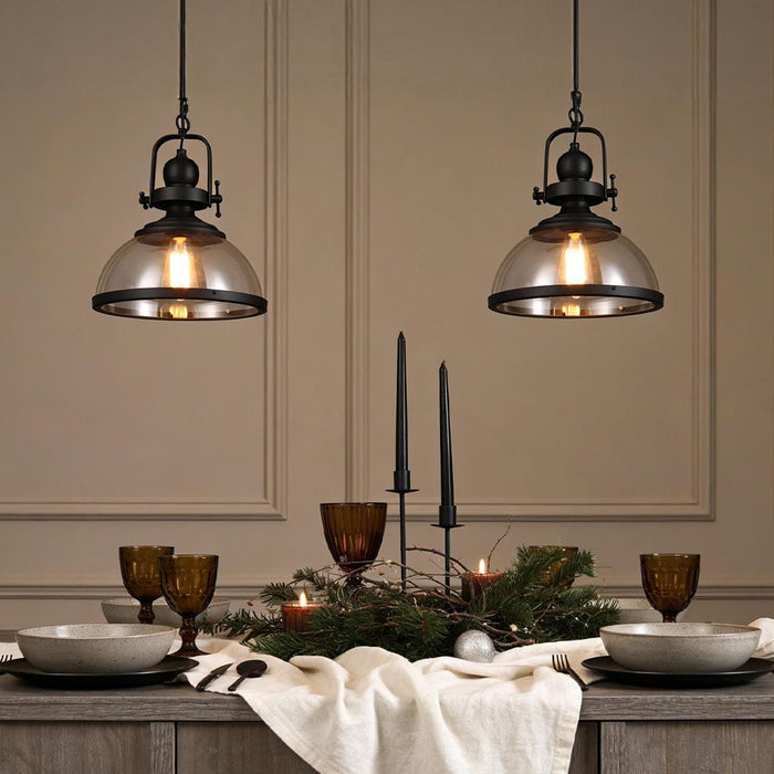 Industrial Glass Bowl Pendant Light Black Iron E27 Retro Kitchen Island Dining Room 12 Inch | NordaLight