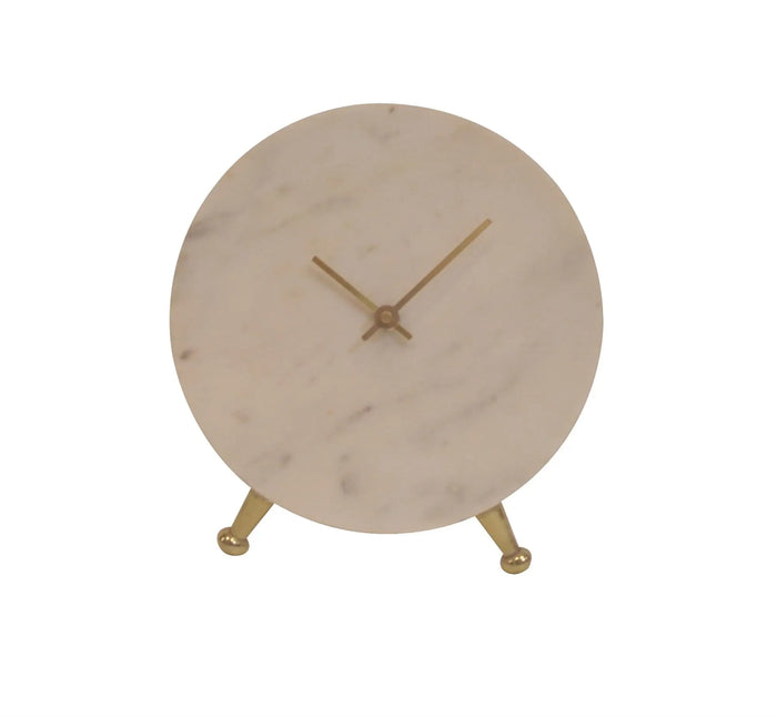 Large Marble Table Clock - 8" Round White Marble & Antique Brass - Villa Decor & Design
