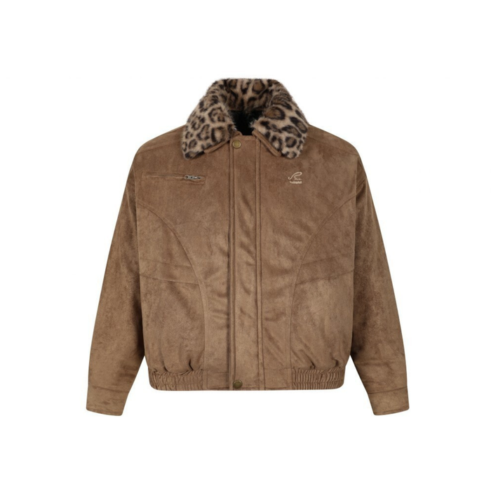 Brown suede bomber jacket with leopard faux fur collar, front view
