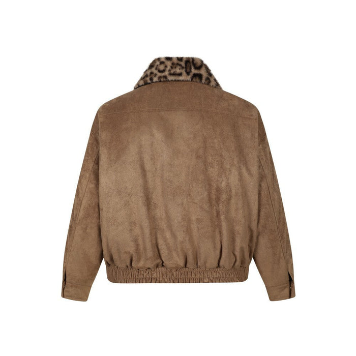Brown suede bomber jacket with leopard faux fur collar, back view