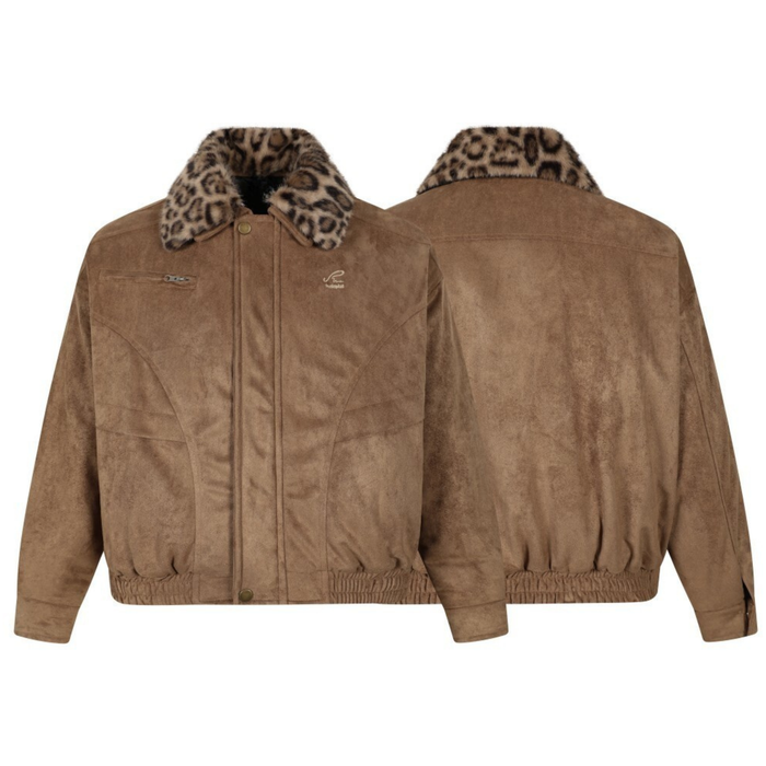 Brown suede bomber jacket shown front and back with leopard faux fur collar