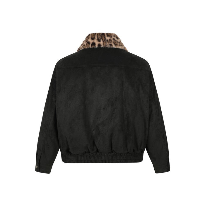 Black suede bomber jacket with leopard faux fur collar, back view