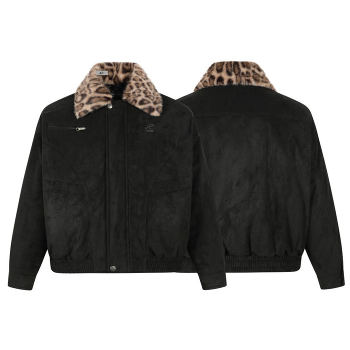 Black suede bomber jacket shown front and back with leopard faux fur collar