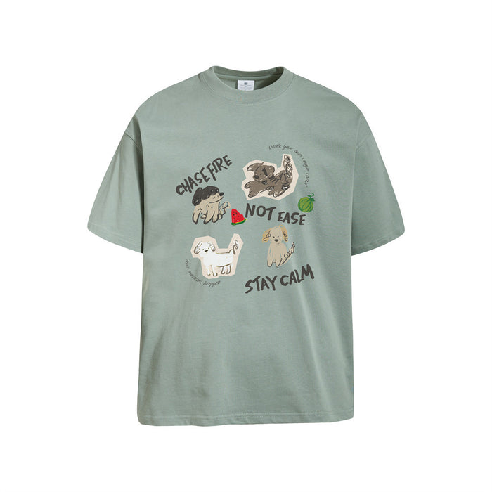 Oversized sage green crew neck tee with cartoon dog graphic and text print, front view
