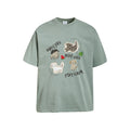 Oversized sage green crew neck tee with cartoon dog graphic and text print, front view