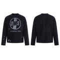 Washed black long sleeve graphic tee with distressed AWS Eternal-1996 circle print and paint-splatter detailing, front and ba