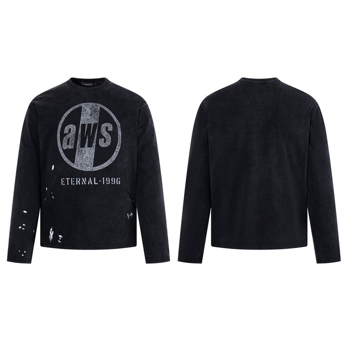 Washed black long sleeve graphic tee with distressed AWS Eternal-1996 circle print and paint-splatter detailing, front and ba