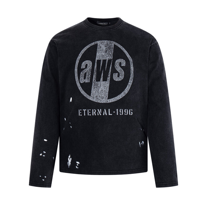 Black long sleeve graphic tee with distressed aWS Eternal-1996 print on the front