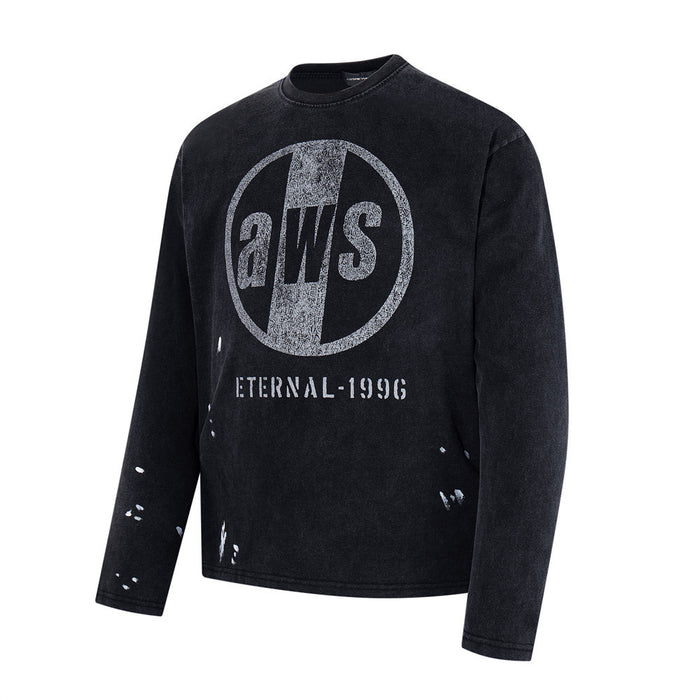 Black long sleeve tee shown at a slight angle with faded aWS Eternal-1996 front graphic