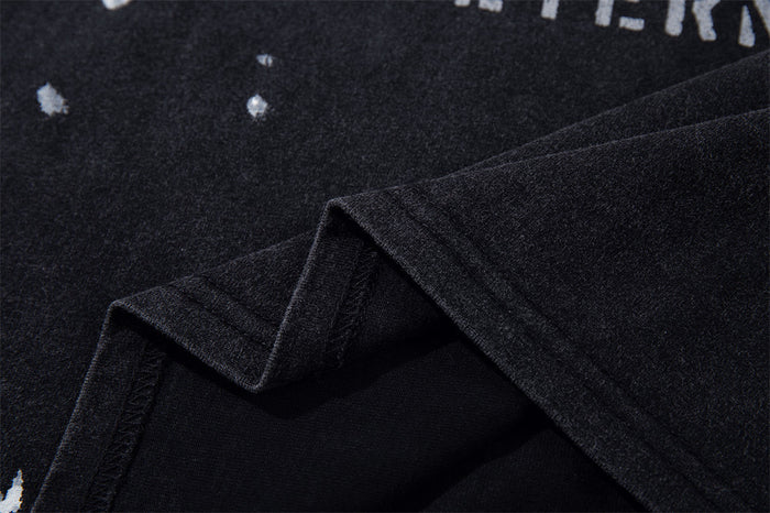 Close-up of black long sleeve cuff and fabric texture with scattered white distress marks